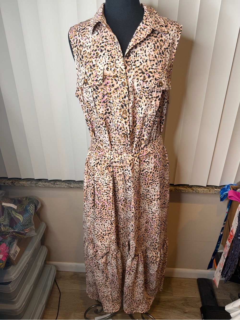 Chico's  Pink Blush Animal Print Belted Tiered Maxi Shirt Dress Size 2/US 12/14